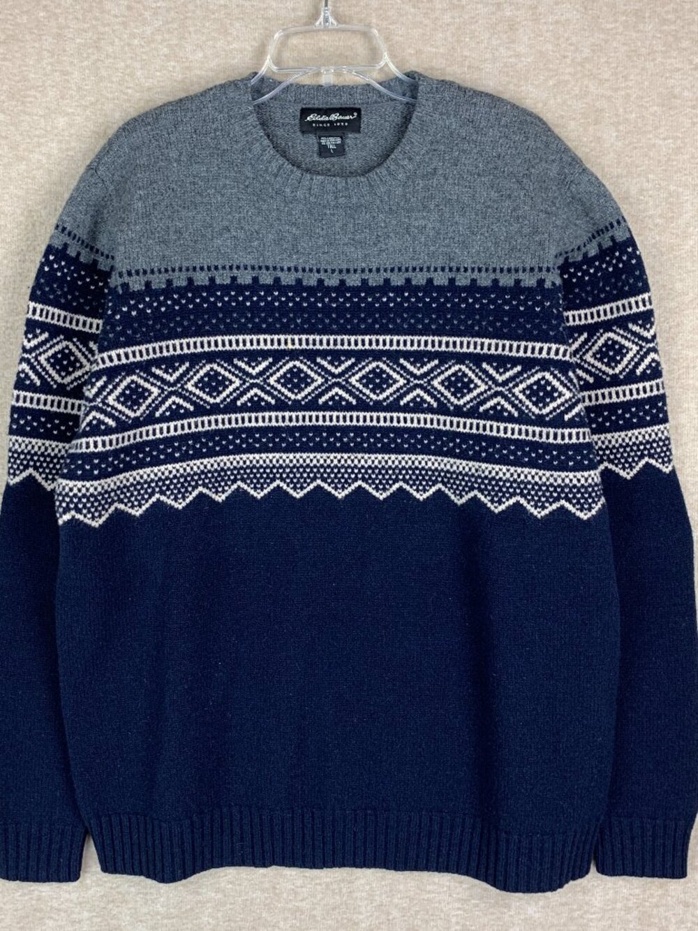 VTG Eddie Bauer Sweater L Tall Gray Blue Lambs Wool Knit Crew Fair Isle Nordic